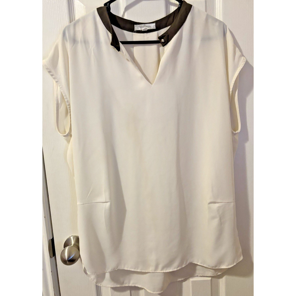 ALYTHEA Women Blouse Neck Trim Olive Sleeveless Size Medium Sheer